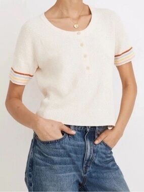 Madewell Henley Cotton Blend Rainbow Striped Sweater Tee